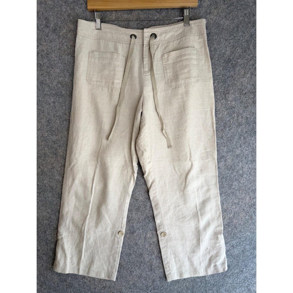 Vtg 90s 100% Linen Crop Pants Womens 10 Beige Drawstring Wide Leg Coastal Capri